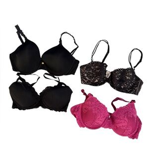 Elegant Lace and Solid Black and Pink Bras Set